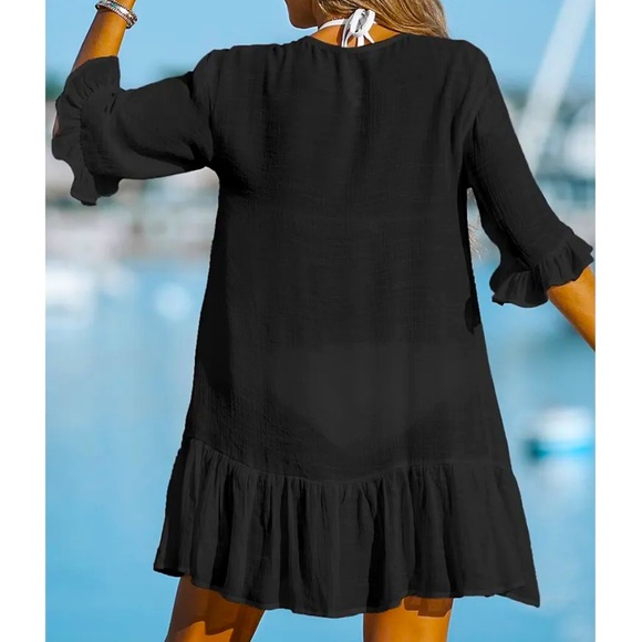 Ruffled Swim Cover Up Sexy Dress -M-Black - Picture 3 of 11
